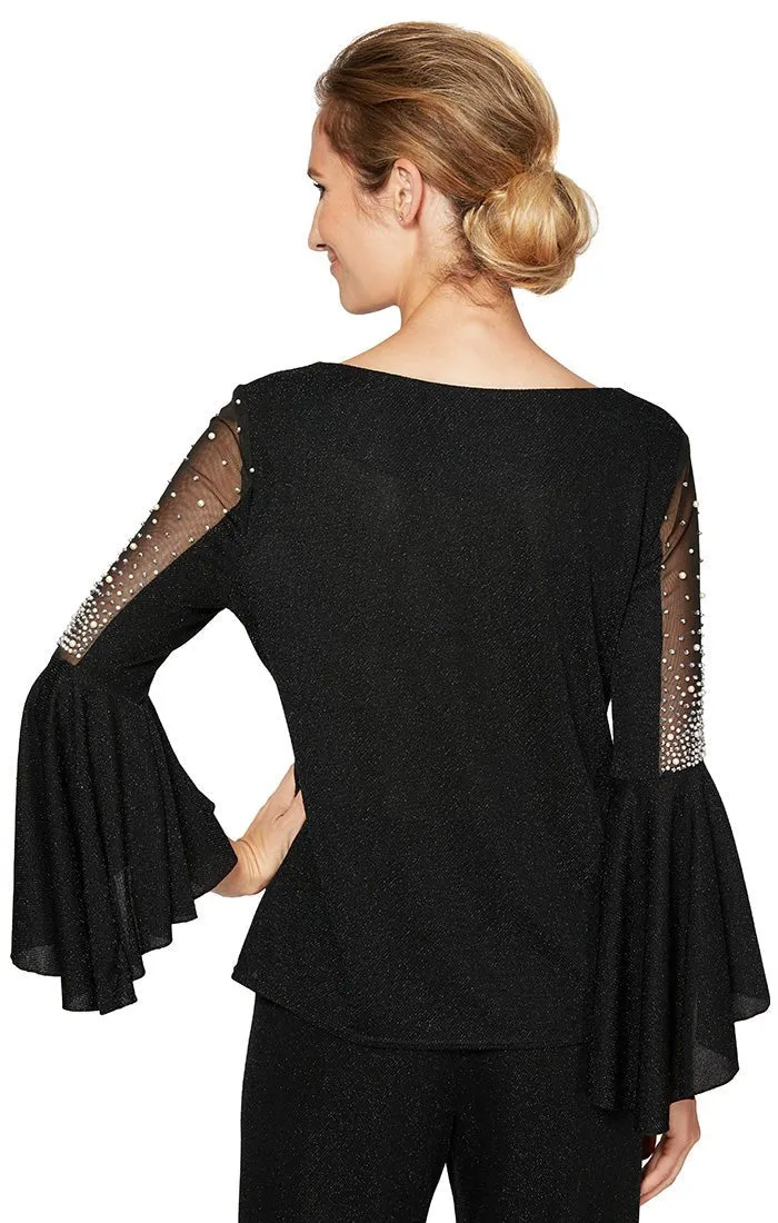 Metallic Knit Blouse With Beaded Illusion Detail and Cascade Bell Sleeves sold by Alex Evenings product image thumbnail 2
