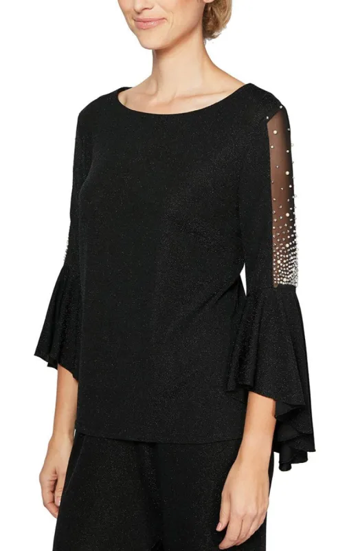 Metallic Knit Blouse With Beaded Illusion Detail and Cascade Bell Sleeves sold by Alex Evenings