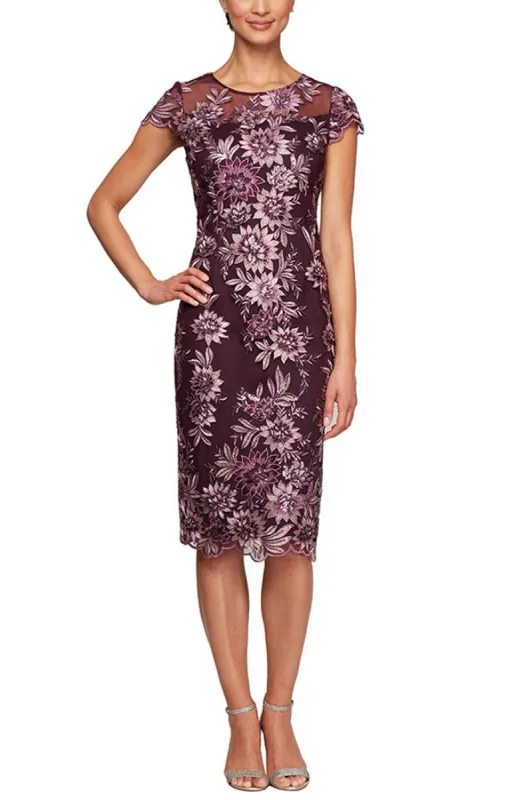 Embroidered Cap Sleeve Lace Cocktail Dress with Illusion Neckline & Scallop Detail Hem sold by Alex Evenings