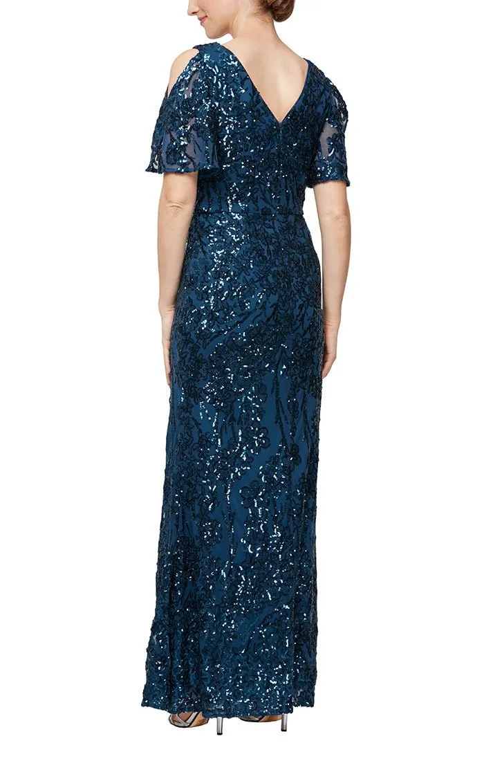 Petite Long V-Neck A-Line Sequin Dress with Cold Shoulder Flutter Sleeve sold by Alex Evenings product image thumbnail 4