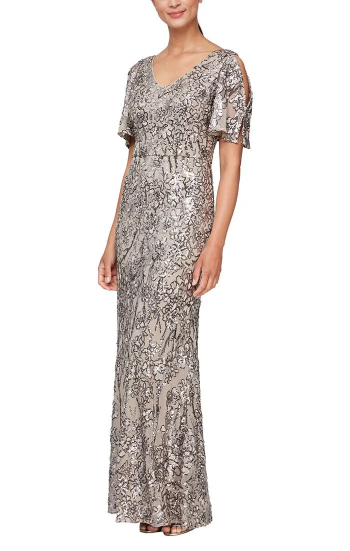 Petite Long V-Neck A-Line Sequin Dress with Cold Shoulder Flutter Sleeve sold by Alex Evenings product image thumbnail 5