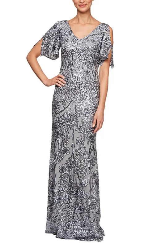 Petite V-Neck A-Line Sequin Dress with Cold Shoulder Flutter Sleeve sold by Alex Evenings