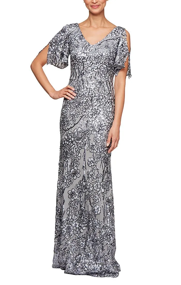 Petite Long V-Neck A-Line Sequin Dress with Cold Shoulder Flutter Sleeve sold by Alex Evenings