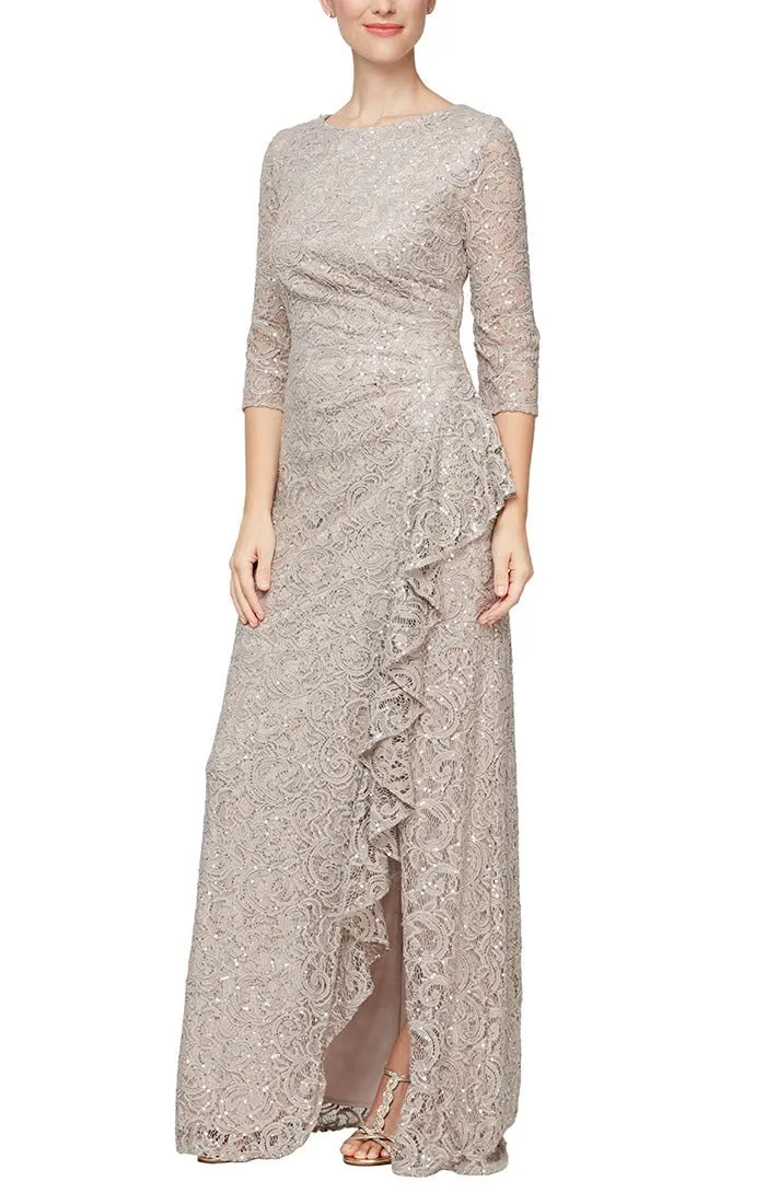 Regular - Sequin Lace Gown with 3/4 Sleeves & Cascade Detail Front Slit sold by Alex Evenings