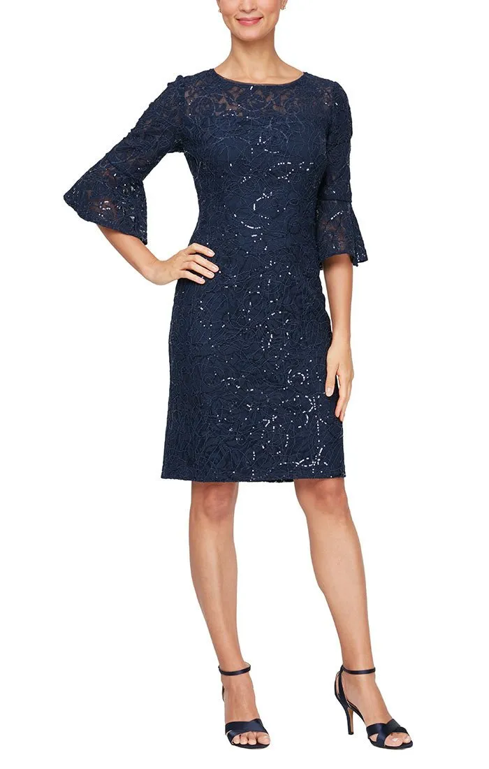 Regular - Sequin Sheath Dress with Illusion Neckline & Bell Sleeves sold by Alex Evenings