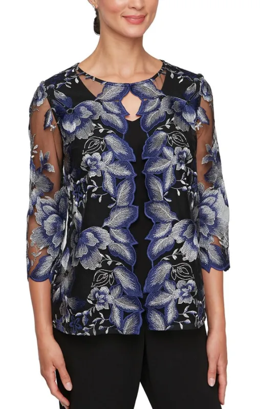 3/4 Sleeve Embroidered Mock Twinset With Hook Neck Closure and Scoop Neck Solid Tank sold by Alex Evenings