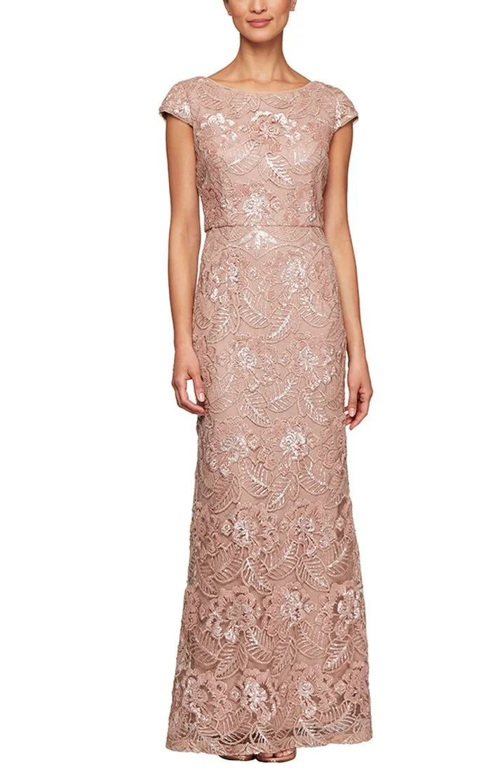 Long Embroidered Gown with Cap Sleeves & Sequin Detail sold by Alex Evenings