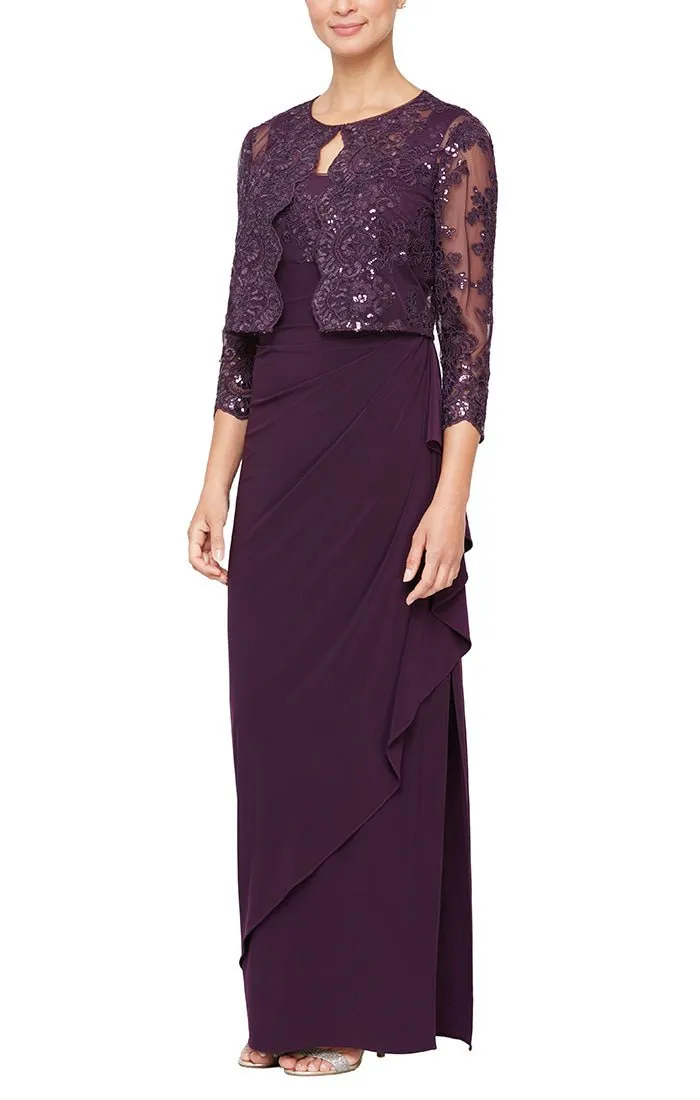 Long Empire Waist Embroidered Jacket Dress with Hook Neck Closure Jacket and Cascade Detail Skirt sold by Alex Evenings product image thumbnail 5