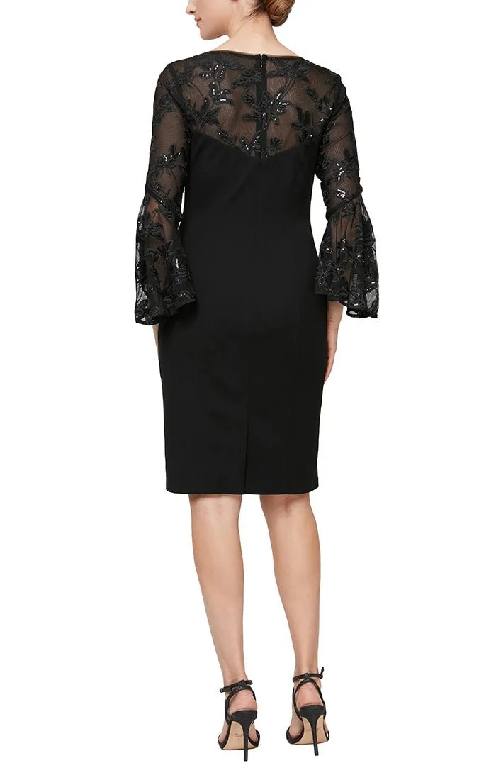 Petite Short V-Neck Sheath Crepe Dress with Illusion Neckline & Cascade Bell Sleeves sold by Alex Evenings product image thumbnail 2