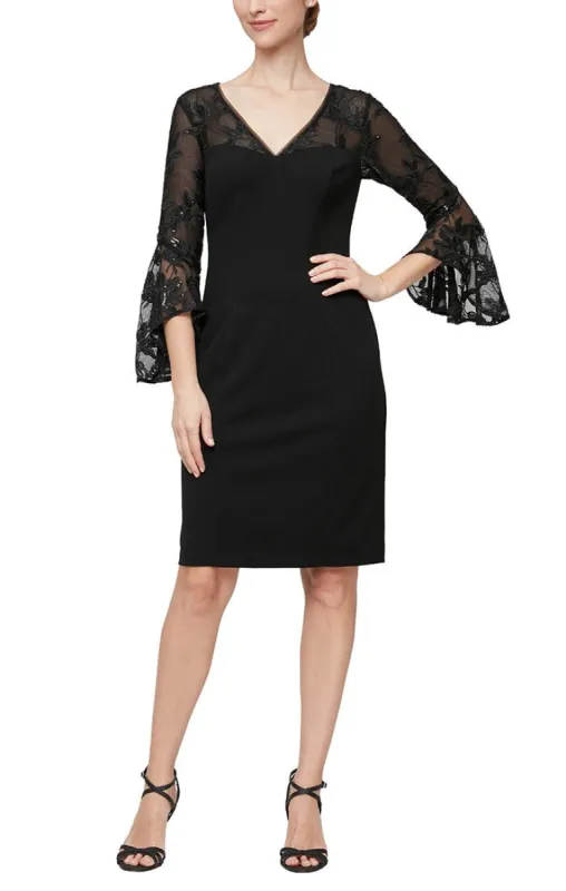 Petite Short V-Neck Sheath Crepe Dress with Illusion Neckline & Cascade Bell Sleeves sold by Alex Evenings