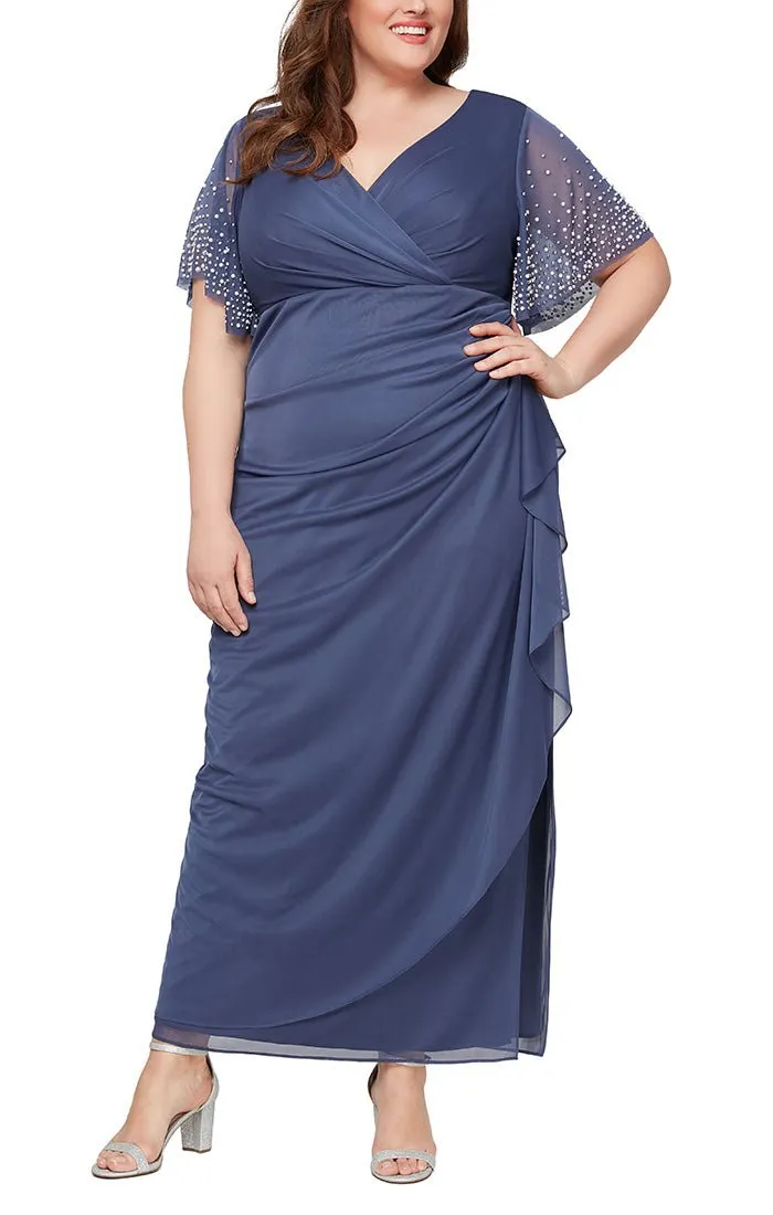 Plus - Empire Waist Dress with Surplice Neckline & Embellished Flutter Sleeves sold by Alex Evenings