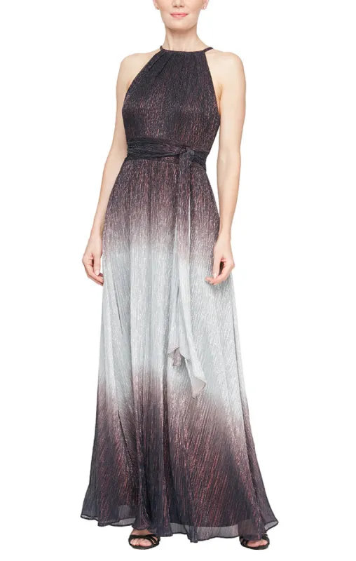 Regular - Ombre Metallic Knit Halter Neck A-Line Dress with Tie Belt sold by Alex Evenings