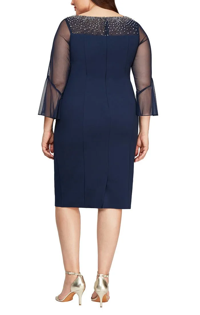 Plus Short Sheath Crepe Dress with Embellished Illusion Mesh Neckline and Bell Sleeves sold by Alex Evenings product image thumbnail 2