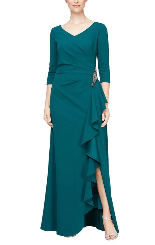 *Long V-Neck Crepe Dress with Cascade Detail Skirt sold by Alex Evenings