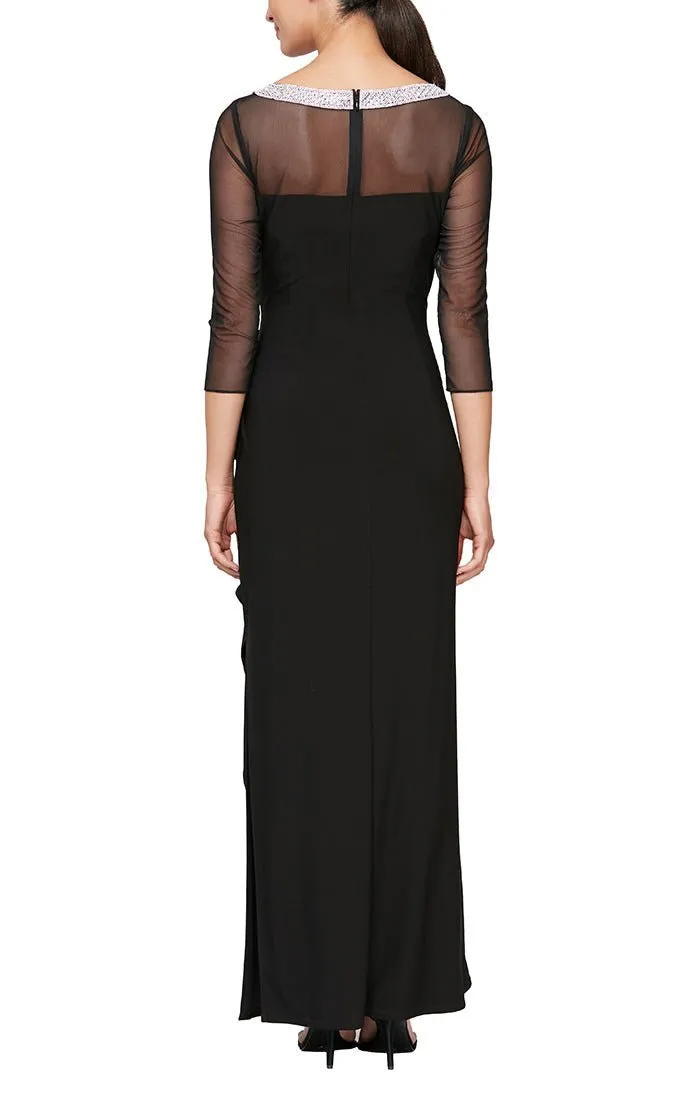 Long Matte Jersey Illusion 3/4 Sleeve Side Ruched Dress with Embellished Neckline sold by Alex Evenings product image thumbnail 2