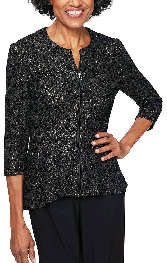 3/4 Sleeve Corded Detail Zip Jacket with High/Low Modified Peplum Hem sold by Alex Evenings