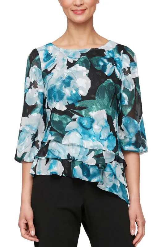 Plus - 3/4 Sleeve Printed Chiffon Blouse with Illusion Balloon Hem Sleeve & Asymmetric Triple Tier Hem sold by Alex Evenings