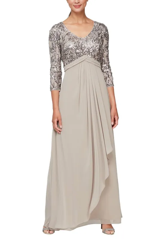 Long A-Line V-Neck Sequin Lace & Chiffon Gown with Empire Waistline sold by Alex Evenings