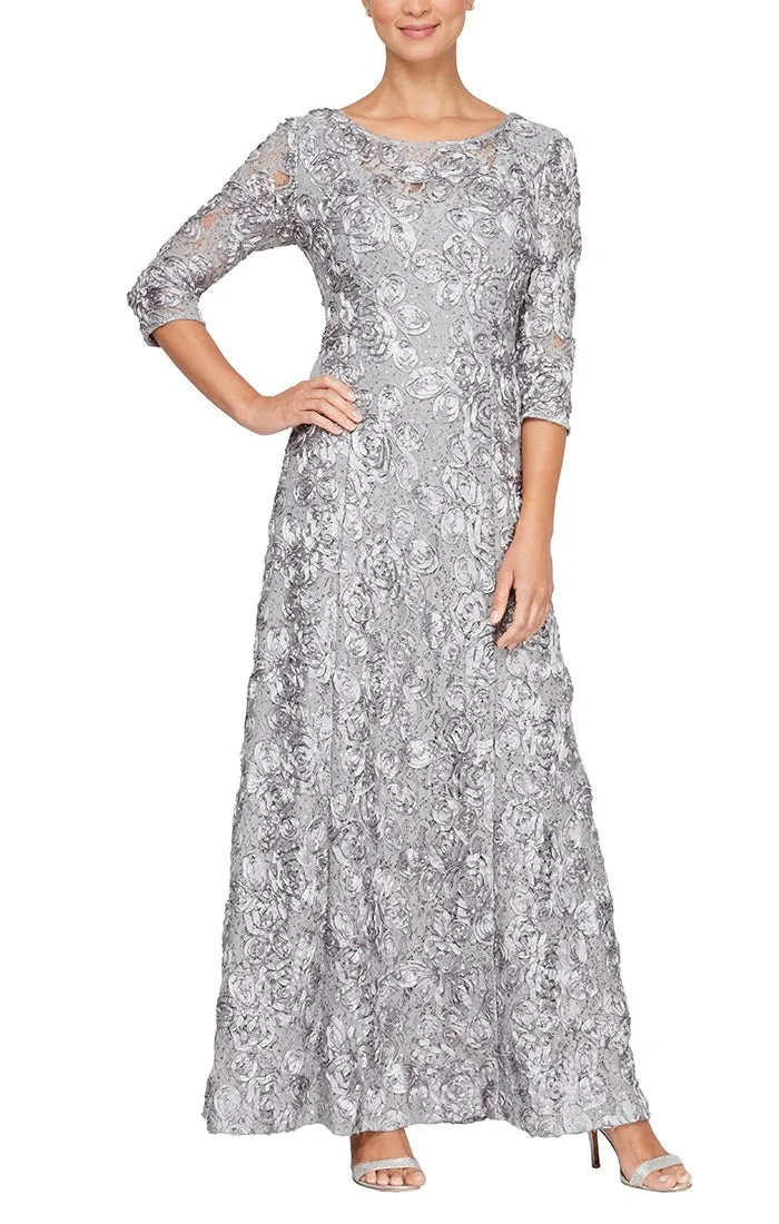 *A-Line Rosette Lace Gown with Illusion 3/4 Sleeves sold by Alex Evenings