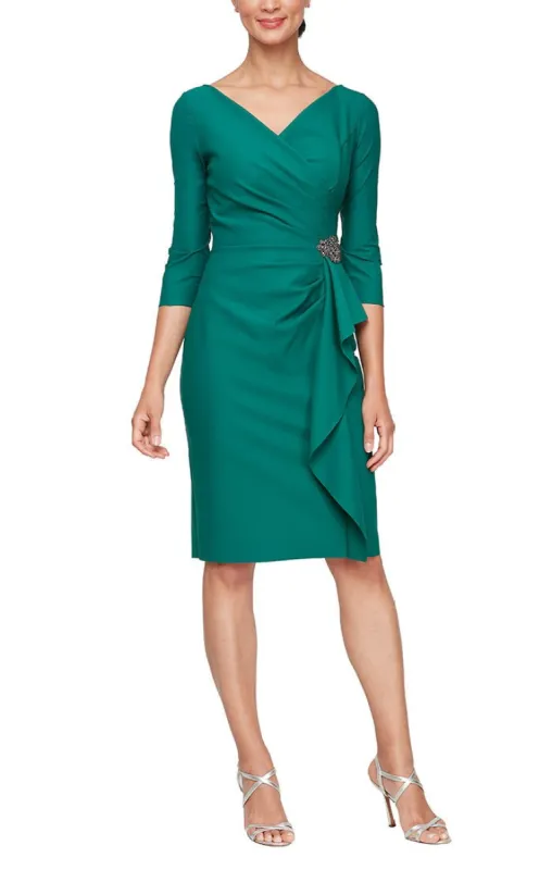 Short Sheath Compression Dress with Surplice Neckline and Beaded Detail at Hip sold by Alex Evenings