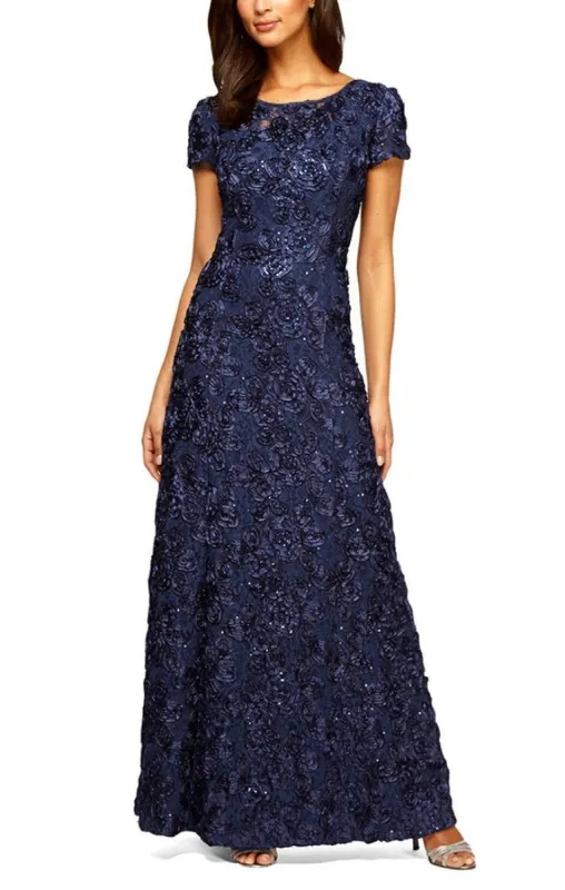 Rosette A-Line Gown with Sequin Detail & Short Illusion Sleeves sold by Alex Evenings