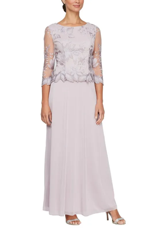 Petite Long A-Line Embroidered Mock Dress with Scallop Detail and 3/4 Sleeves sold by Alex Evenings