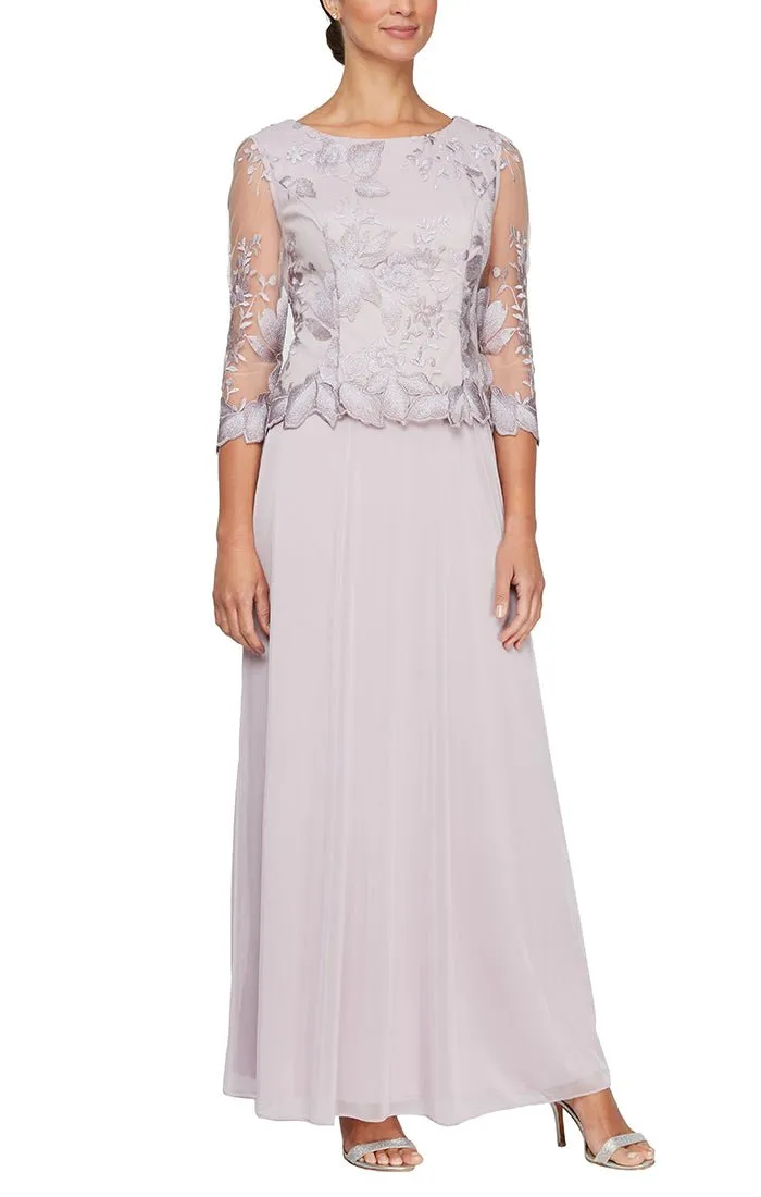 Petite Long A-Line Embroidered Mock Dress with Scallop Detail and 3/4 Sleeves sold by Alex Evenings