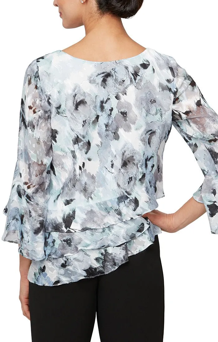 Regular - Printed Chiffon Blouse with Bell Sleeves & Asymmetric Triple Tier Hem sold by Alex Evenings product image thumbnail 2