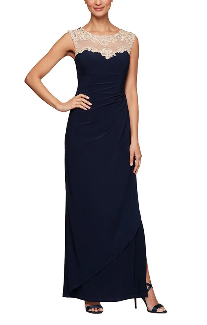 Regular - Crepe Side Ruched Dress with Sweetheart Embroidered Lace Illusion Neckline sold by Alex Evenings