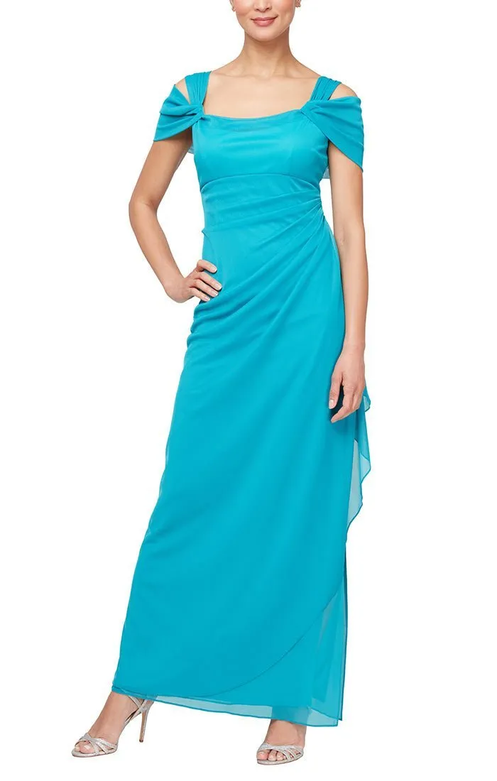 Cold Shoulder Mesh Gown with Cowl Neckline & Overlay Skirt sold by Alex Evenings