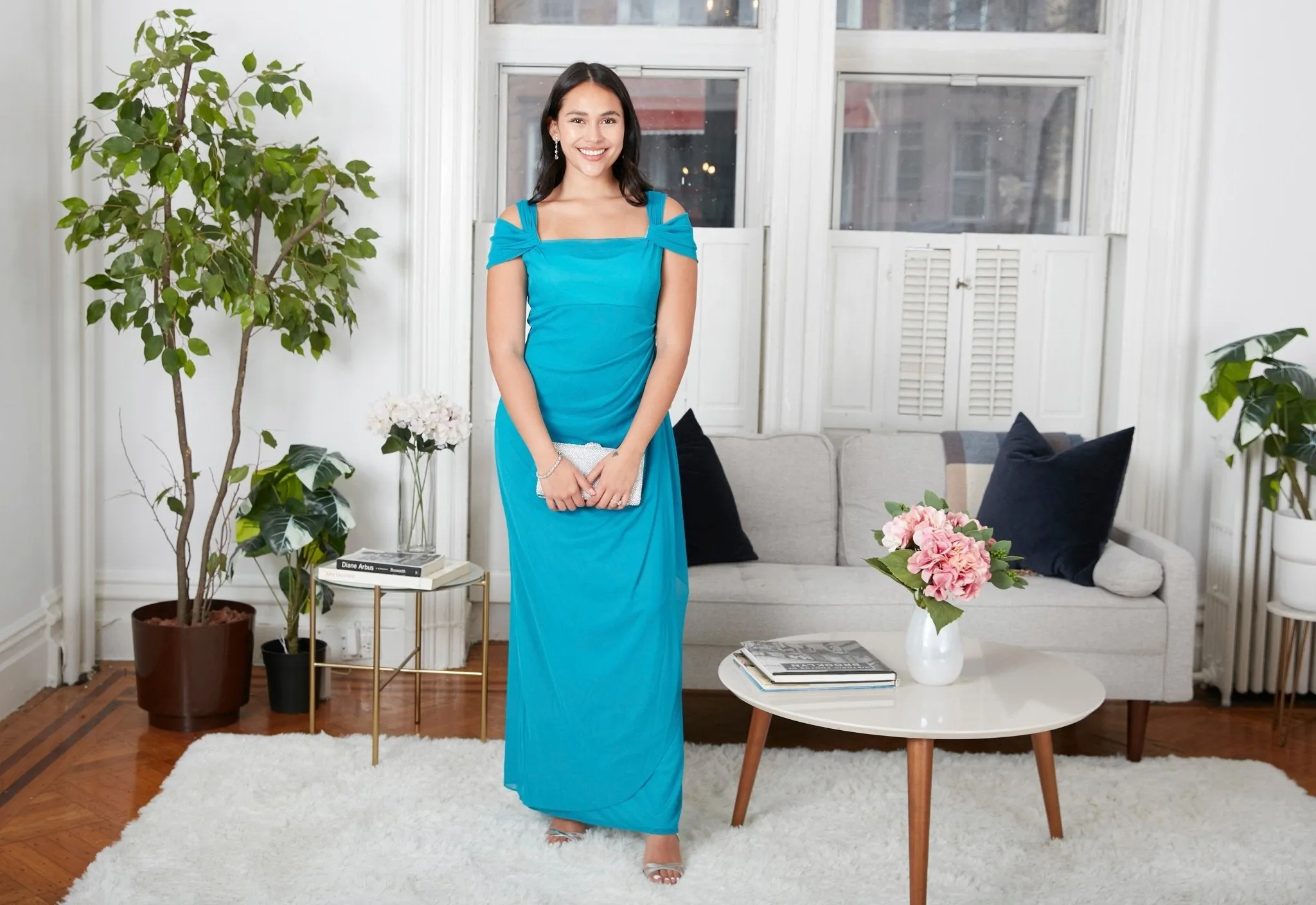 Cold Shoulder Mesh Gown with Cowl Neckline & Overlay Skirt sold by Alex Evenings product image thumbnail 4