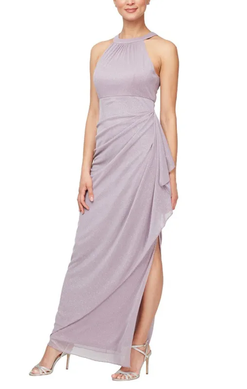 Regular - Sleeveless Glitter Mesh Halter Neck Dress with Cascade Detail Skirt sold by Alex Evenings