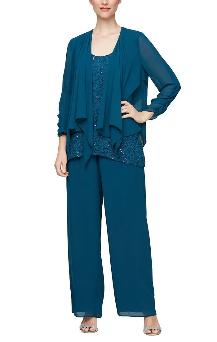 *Three-Piece Chiffon & Lace Pantsuit with Elongated Cascade Detail Jacket sold by Alex Evenings product image thumbnail 2
