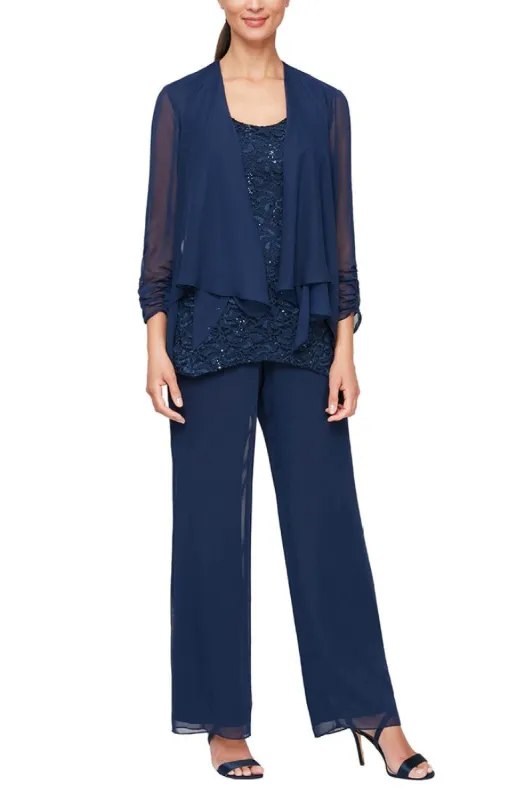 *Three-Piece Chiffon & Lace Pantsuit with Elongated Cascade Detail Jacket sold by Alex Evenings
