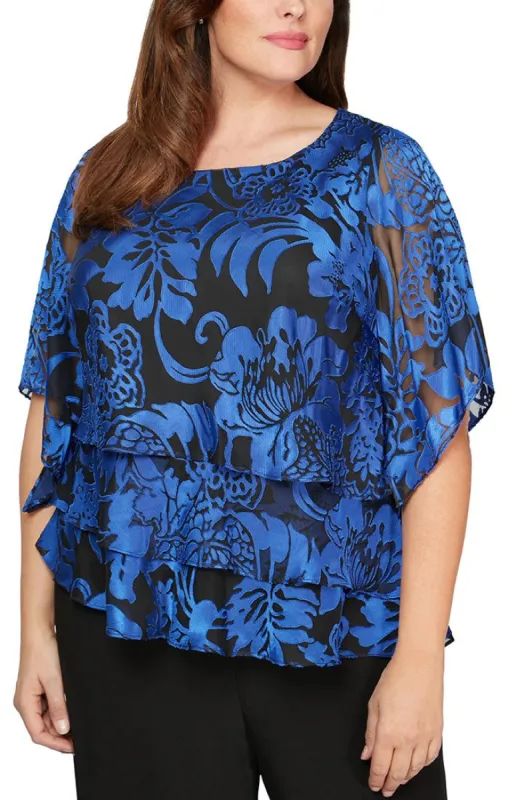 Plus 3/4 Sleeve Printed Blouse with Illusion Sleeves and Asymmetric Triple Tier Hem sold by Alex Evenings