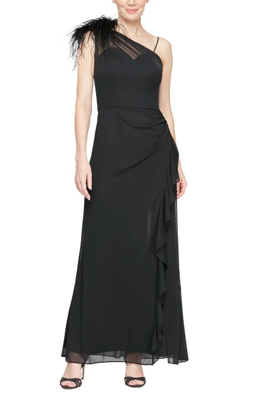 Long One Shoulder Mesh Dress with Illusion Feather Shoulder Detail and Cascade Ruffle Skirt sold by Alex Evenings