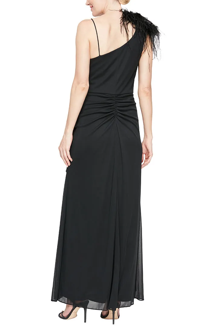 Long One Shoulder Mesh Dress with Illusion Feather Shoulder Detail and Cascade Ruffle Skirt sold by Alex Evenings product image thumbnail 2