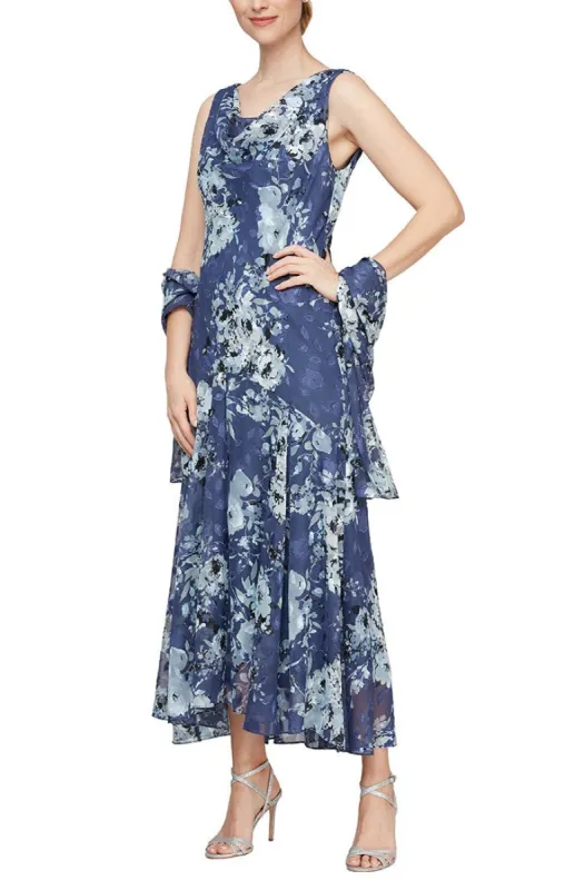 Cowl Neck Floral Chiffon Dress with High/Low Skirt and Matching Shawl made by Alex Evenings