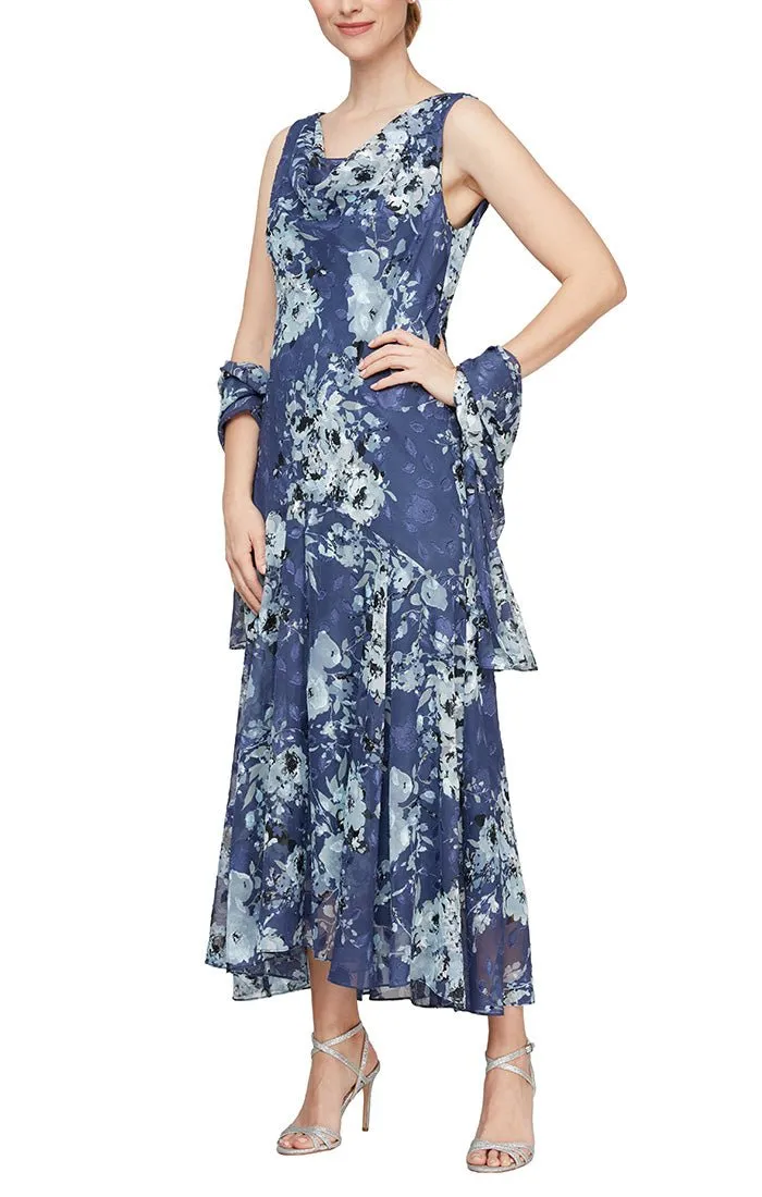 Cowl Neck Floral Chiffon Dress with High/Low Skirt and Matching Shawl sold by Alex Evenings