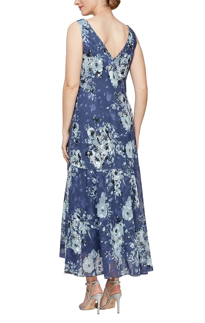 Cowl Neck Floral Chiffon Dress with High/Low Skirt and Matching Shawl sold by Alex Evenings product image thumbnail 2