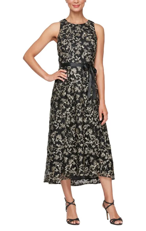 Regular - Embroidered Sleeveless Dress with High/Low Hem & Tie Belt sold by Alex Evenings