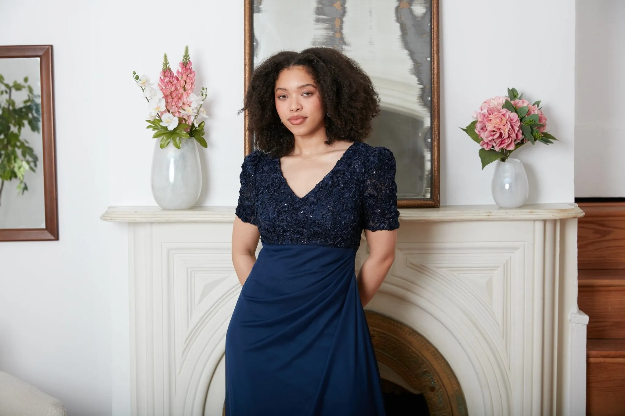 Petite Empire Waist Dress with Soutache Bodice, Puff Sleeve Detail & Cascade Ruffle Skirt sold by Alex Evenings product image thumbnail 3