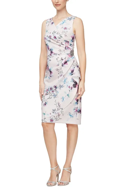 Petite - Short Sleeveless Printed Sheath Dress with Surplice Neckline and Cascade Detaill Skirt sold by Alex Evenings
