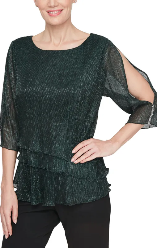 Cold Shoulder Metallic Knit Blouse with Asymmetric Tier Detail sold by Alex Evenings