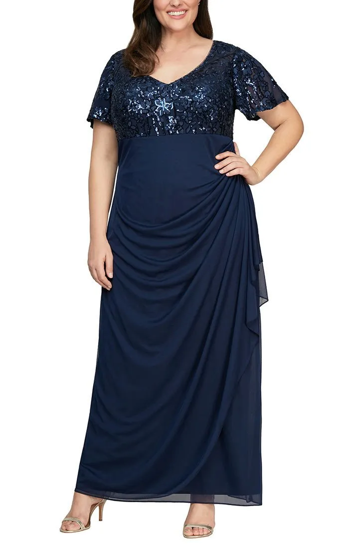 Plus Empire Waist Dress with Embroidered Sequin Bodice & Flutter Sleeves sold by Alex Evenings