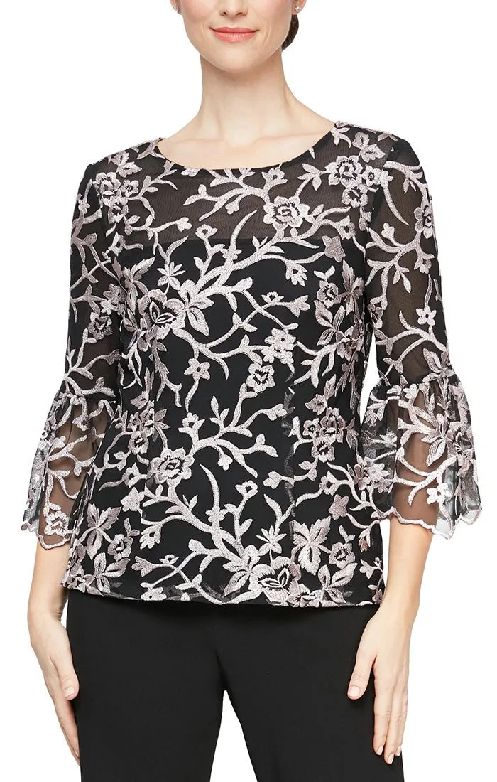 3/4 Sleeve Embroidered Blouse With Illusion Neckline and Bell Sleeves sold by Alex Evenings product image thumbnail 3