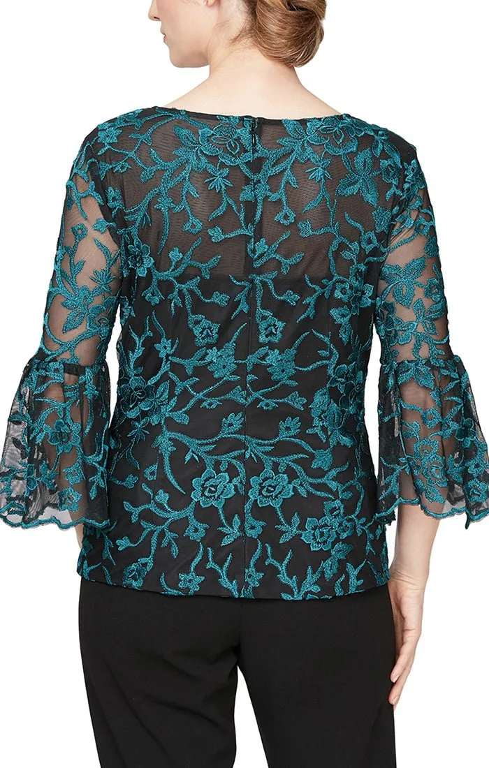 3/4 Sleeve Embroidered Blouse With Illusion Neckline and Bell Sleeves sold by Alex Evenings product image thumbnail 2
