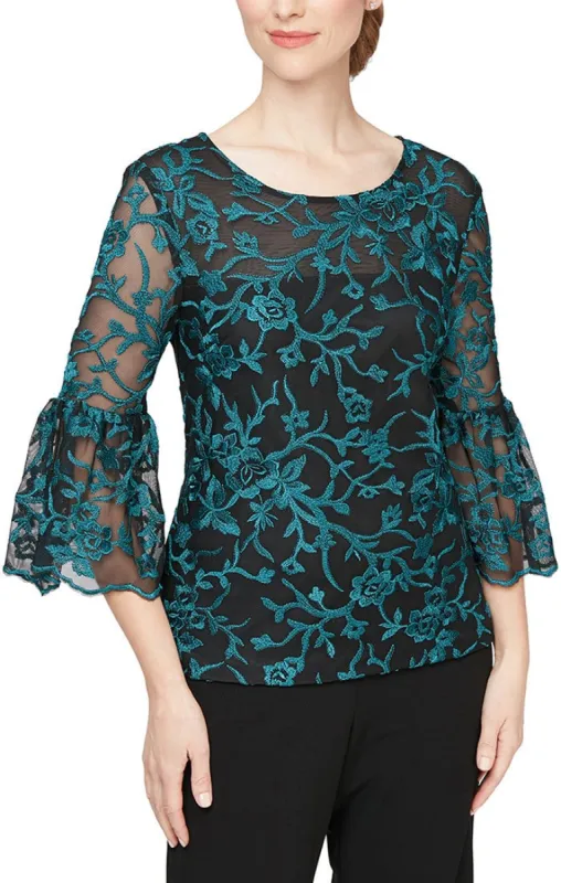 3/4 Sleeve Embroidered Blouse With Illusion Neckline and Bell Sleeves sold by Alex Evenings
