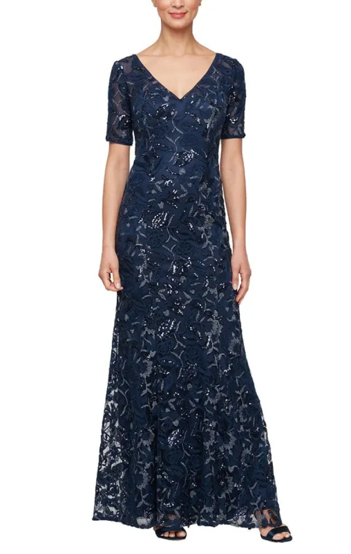 Regular - Embroidered V-Neck Dress with Illusion Neckline and Elbow Sleeves sold by Alex Evenings