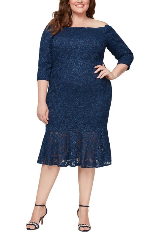Plus - Off-the-Shoulder Glitter Fit and Flare Dress with Scallop Detail Neckline sold by Alex Evenings